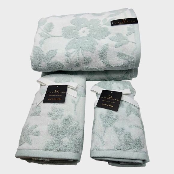 Alfred Sung Designer 6pc Wan Blue Floral Cotton Bath Towel Set 2Bath 2Hand 2Tip - Picture 1 of 15